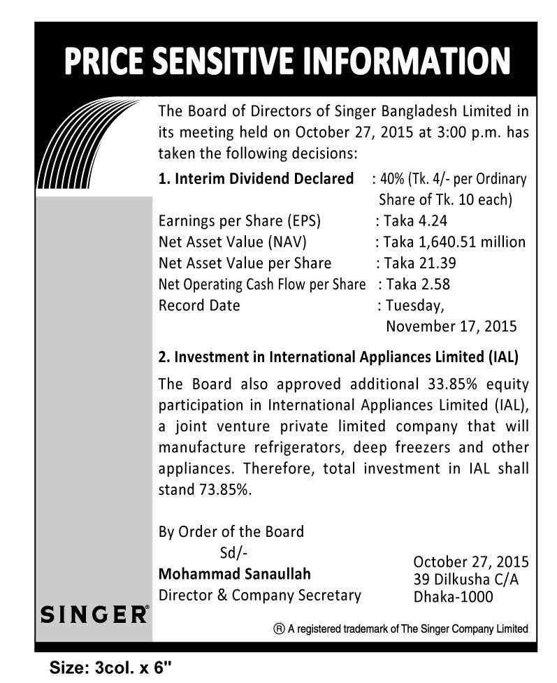 Price Sensitive Informations | SingerBD